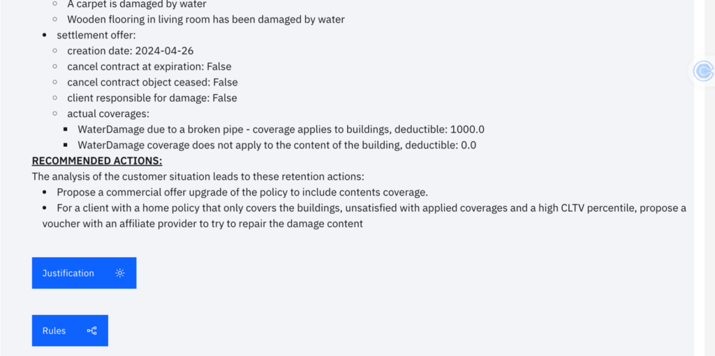 Figure 2. Analysis of Customer Situation and Recommended Actions for Water Damage Insurance Coverage.