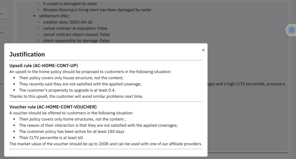 Figure 3. Rule explanation for and voucher recommendations in addressing customer coverage gaps.