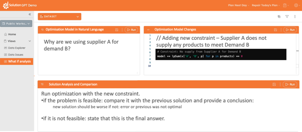 Figure 4. The interface enables non-technical users to perform "What-If" scenario analyses in optimization modeling.