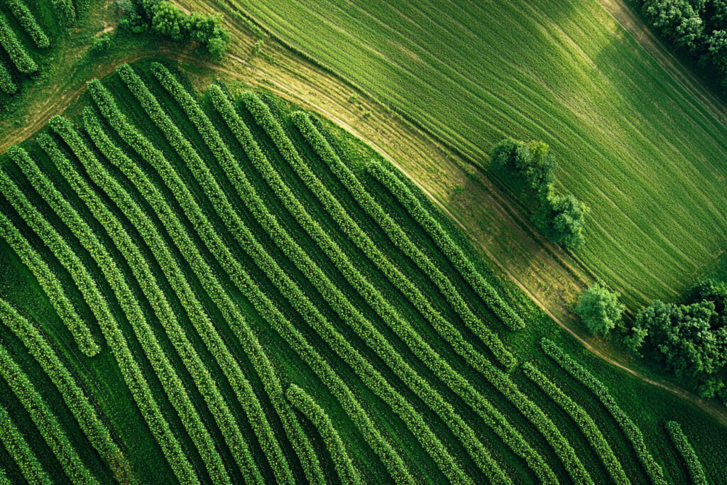 Aerial view of farm equipment demonstrating Bulk Material Logistics Optimization during a continuous agricultural harvest.