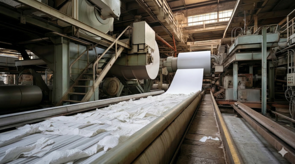 A wide-angle view of a large-scale industrial paper mill. In the center, a continuous sheet of white paper flows down a long conveyor belt, while massive rolls of finished paper are mounted on heavy machinery in the background. The factory setting features aged metal beams, industrial stairs, and soft overhead lighting, highlighting the scale of the manufacturing process.