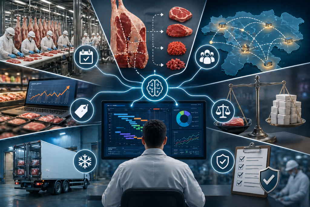 AI-driven meat processing operations showing production planning, yield optimization, supply-demand alignment, pricing, cold chain logistics, and compliance management through advanced decision support systems.
