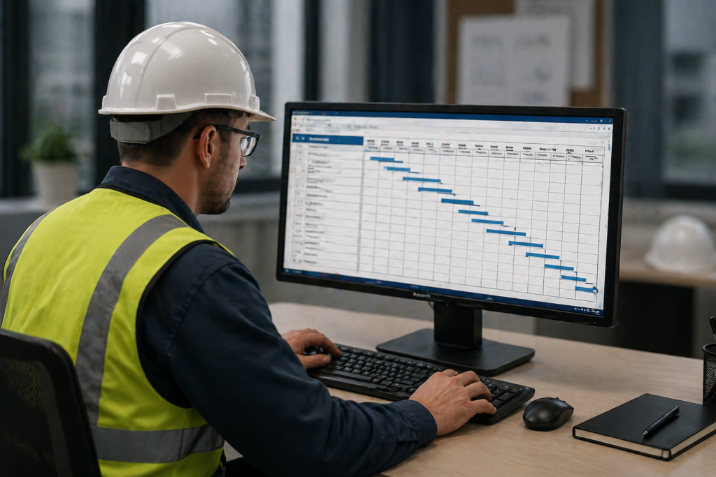 Maintenance planner reviewing asset maintenance schedule on a computer in an industrial office environment, using digital planning tools to manage equipment and resources.