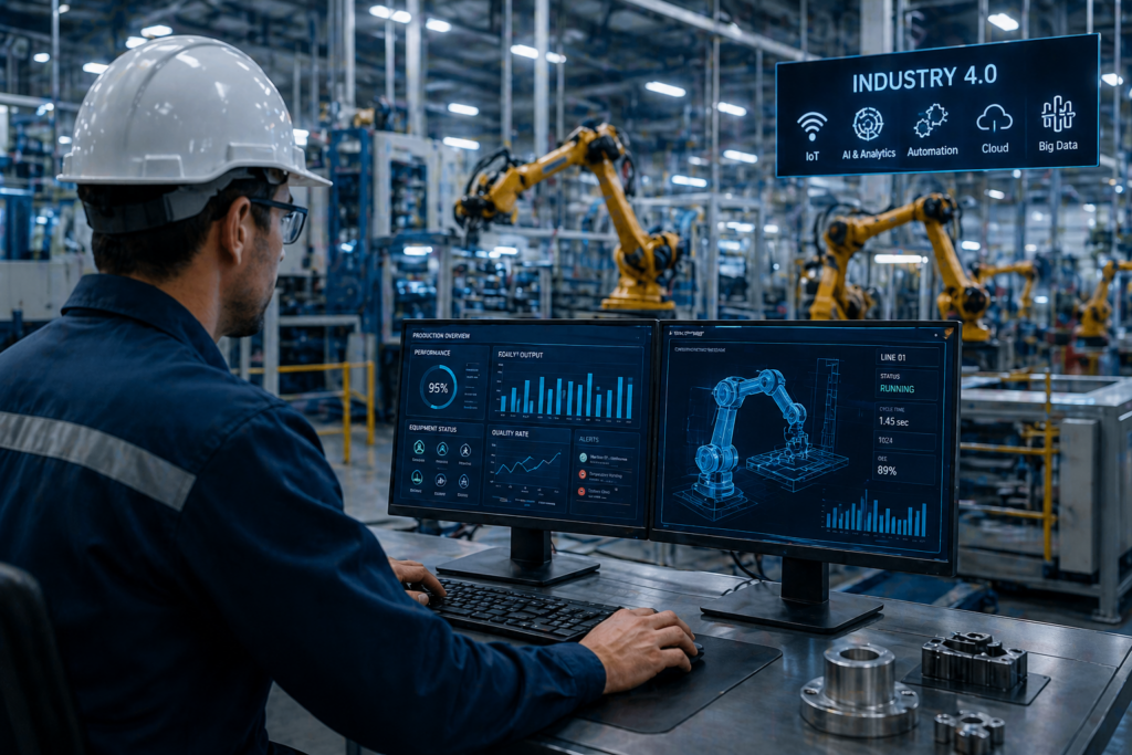 Engineer monitoring automated production line in a smart factory using digital dashboards, robotic arms, and Industry 4.0 technologies in a modern manufacturing environment.