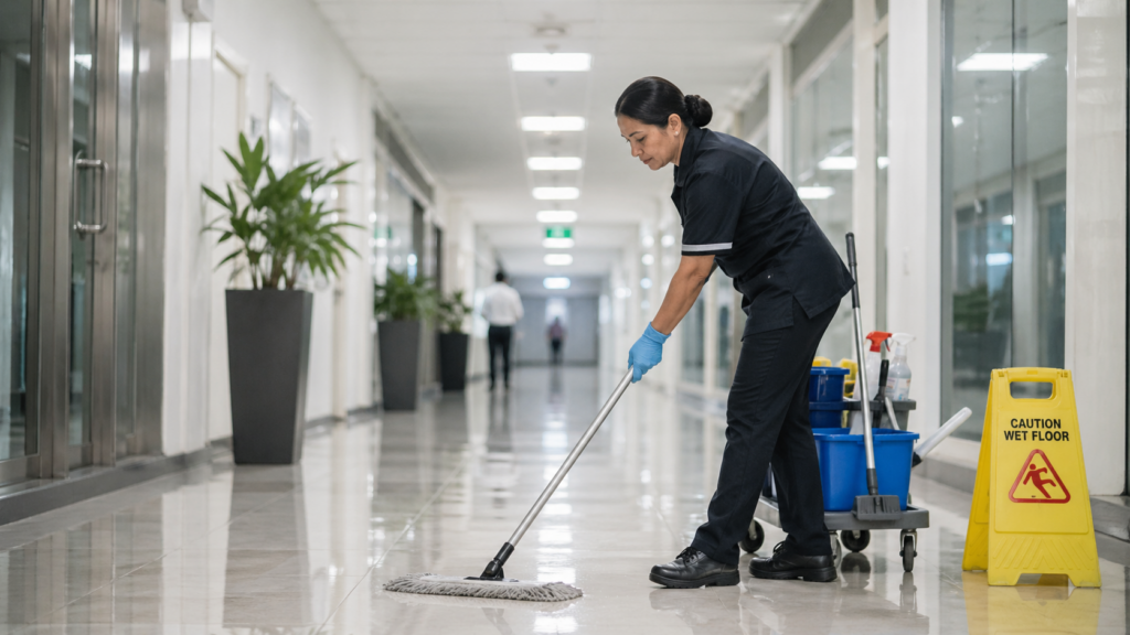 Facility services worker mopping a clean commercial corridor with cleaning cart and wet floor sign in a modern office building