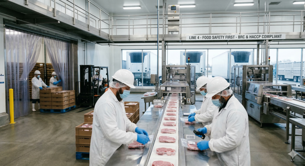 Automated Production Line: Workers are positioned along a stainless steel conveyor system, efficiently processing and scanning individual portions of meat.
