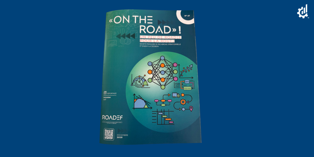 Une page du bulletin n°47 de la ROADEF de décembre 2025 présentant un reportage sur la société DecisionBrain. Le texte détaille comment la plateforme DB Gene transforme des modèles d'optimisation complexes en applications métiers interactives, illustré par une capture d'écran d'une interface utilisateur avec des graphiques et des tableaux de bord.