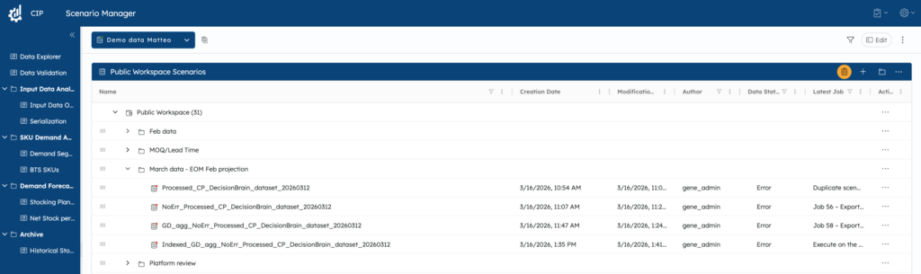 A screenshot of the DecisionBrain Gene Scenario Manager interface showing a hierarchical file structure. The "March data" folder is expanded, revealing a list of data scenarios with details like Creation Date, Author (gene_admin), and a status column highlighting several "Error" notifications and job logs.