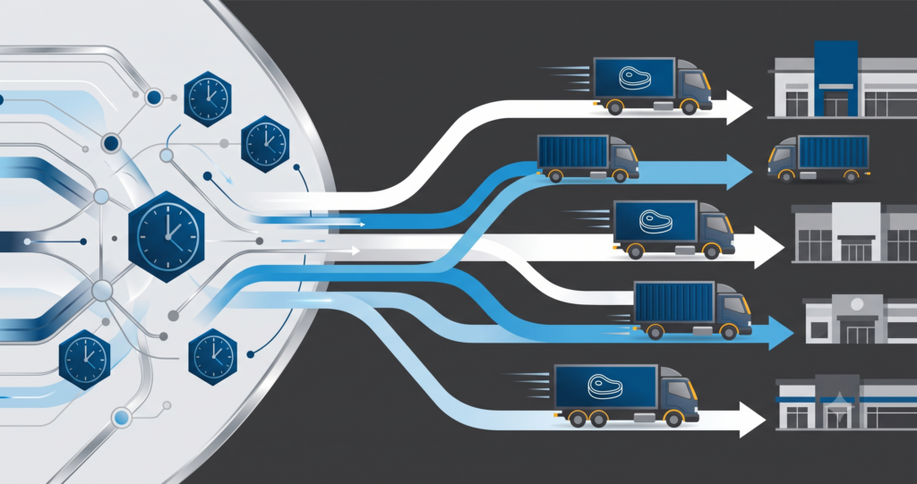 A corporate infographic illustration shows a central network of clocks connected by efficient data paths that transform into multiple streamlined delivery lanes. Along these paths, modern refrigerated trucks speed towards several stylized retail distribution centers. The trucks carry iconography indicating meat products, all within a professional palette of blues, greys, and yellow accents.