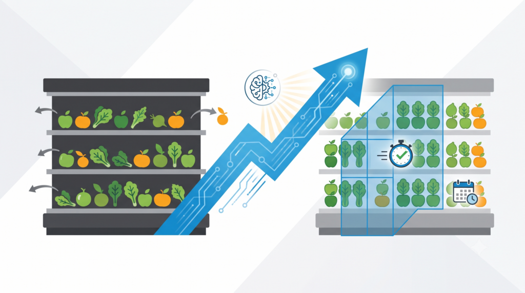 corporate infographic in blue, yellow, and grey shows fresh produce. On the left, messy shelves generate spoilage (arrows pointing down and away). A digital blue arrow with a brain icon transforms the layout. On the right, shelves are perfectly organized, featuring a stopwatch (DOS Targets) and a calendar (Expiration Planning). A new icon represents shared facings. The visual flow emphasizes data-driven order and waste reduction.