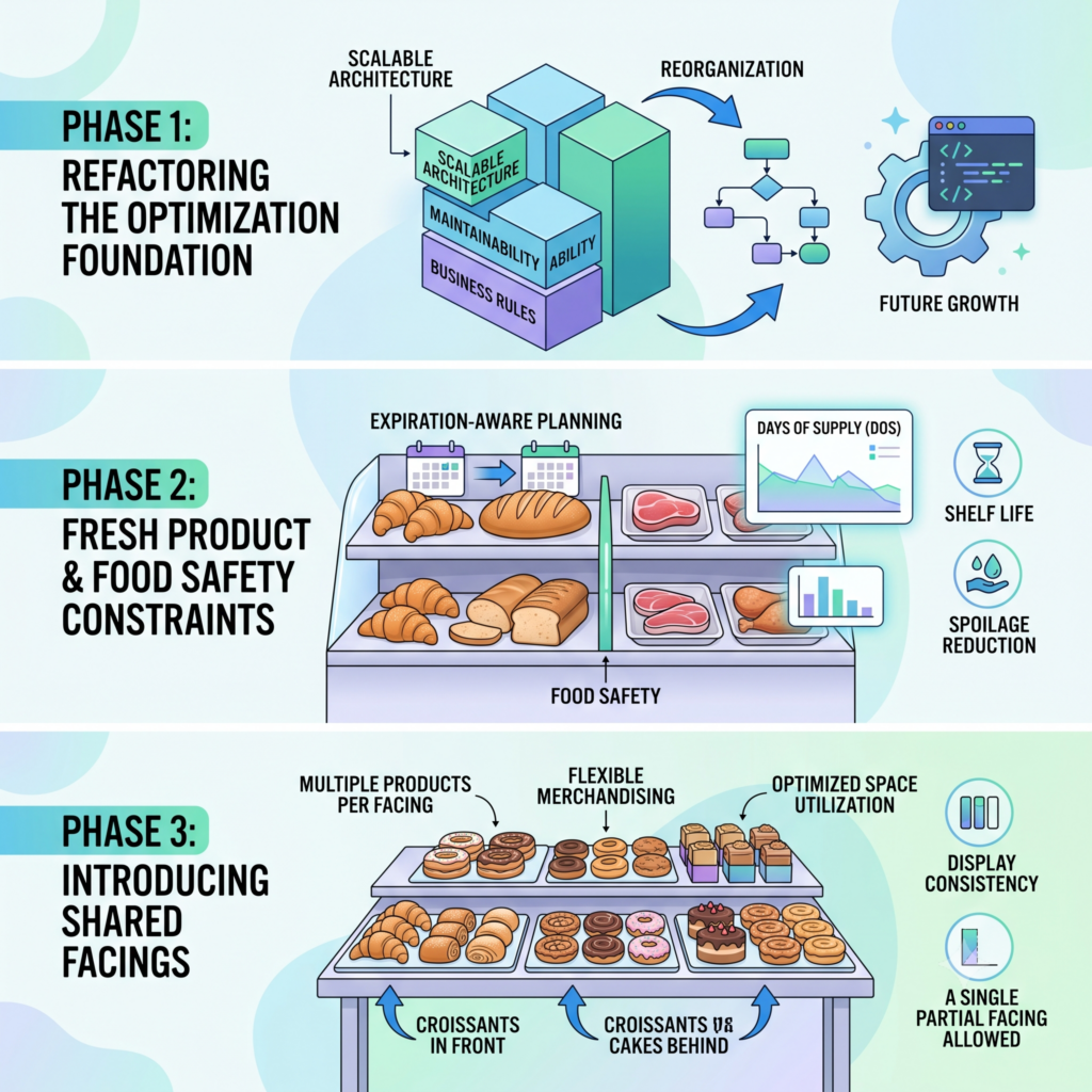 A three-panel infographic illustrating the phases of optimizing a retail inventory system. Phase 1 focuses on a scalable code architecture. Phase 2 introduces fresh product constraints like shelf life and food safety. Phase 3 implements shared facings on bakery displays to optimize space utilization.