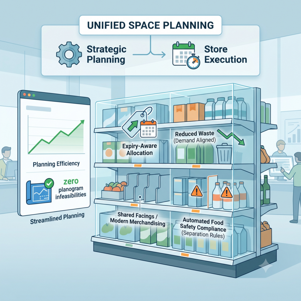 An illustrative infographic displaying a retail shelf optimization concept called Unified Space Planning. It shows a central shelving unit with segmented outcomes, connecting Strategic Planning to Store Execution. Key icons represent "Expiry-Aware Allocation," "Reduced Waste (Demand Aligned)," "Shared Facings / Modern Merchandising," and "Automated Food Safety Compliance." A floating dashboard visualizes "Planning Efficiency" and "Zero Planogram Infeasibilities."
