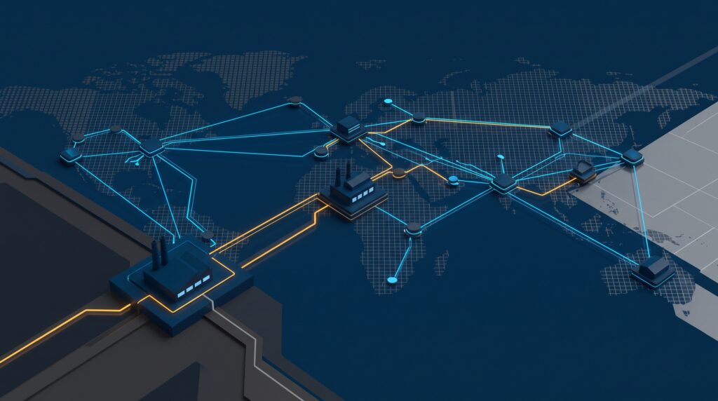 Minimalist corporate graphic featuring an interconnected network of multi-tiered nodes representing manufacturing plants and distribution centers connected by glowing blue and accent gold pathways against a deep navy blue background
