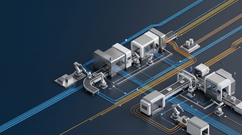 An executive 3D conceptual graphic depicting modern smart manufacturing, featuring minimalist titanium modular workstations, robotic assembly cells, and synchronized illuminated workflow conduits set against an uncluttered slate backdrop with generous negative space.